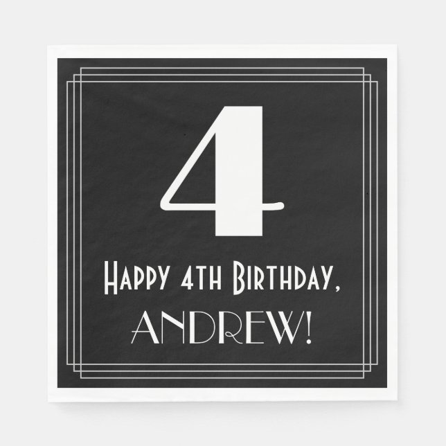 Serviette En Papier 4e anniversaire ~ Art Déco Inspiré Look "4", Nom (Devant)