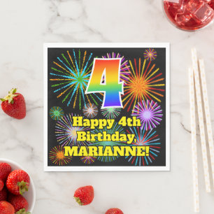 Serviette En Papier 4ème anniversaire : Fun Motif Fireworks + Rainbow 