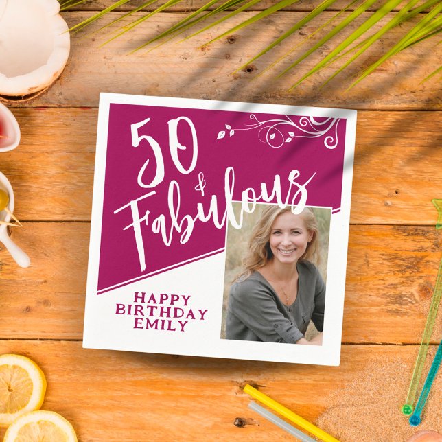 Serviette En Papier 50 ans et Fabuleux Script Photo Magenta 50e Annive (Créateur téléchargé)