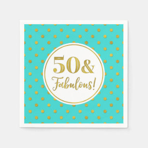 Serviette En Papier 50 & Fabuleux Points Or Turquoise Blanc Anniversai