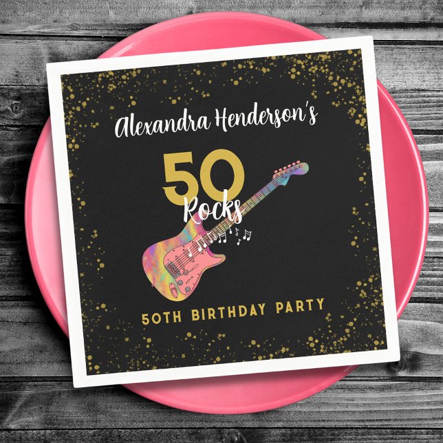 Serviette En Papier 50 Rocks Anniversaire Fête Rose Black Gold (50 rocks pink black and gold glitter 50th birthday party personalized napkins)