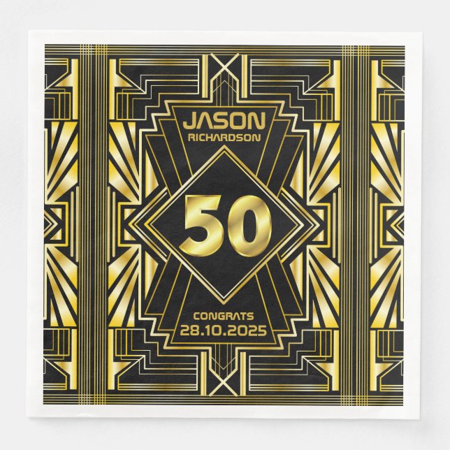 Serviette En Papier 50e anniversaire Art Déco Gold Black Great Gatsby (Devant)