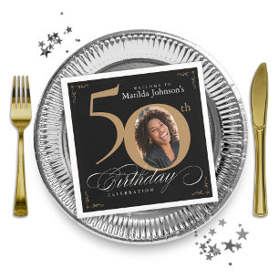 Serviette En Papier 50e anniversaire Gold Black Calligraphy Photo pers