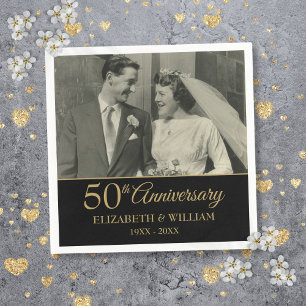 Serviette En Papier 50e Anniversaire Mariage Photo Elegant Gold Black