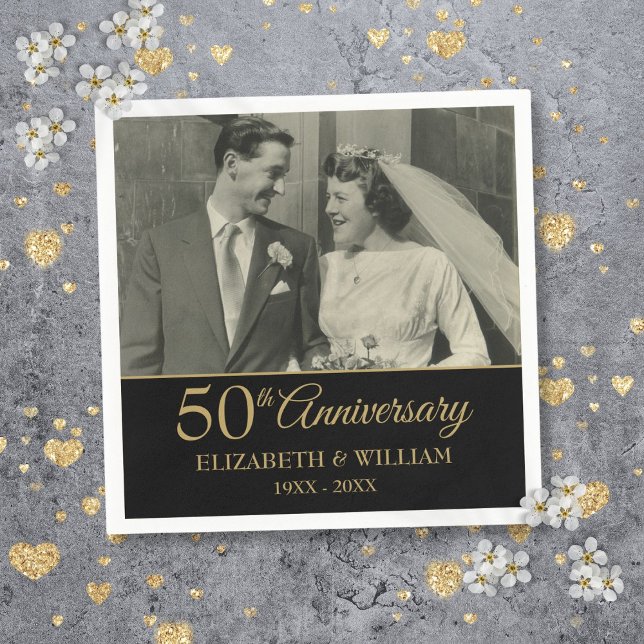 Serviette En Papier 50e Anniversaire Mariage Photo Elegant Gold Black (50th Anniversary Wedding Photo Elegant Gold Black Napkins)
