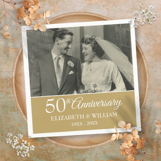 Serviette En Papier 50e anniversaire Mariage photo Elégant Golden (50th Anniversary Wedding Photo Elegant Golden Napkins)