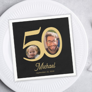 Serviette En Papier 50e anniversaire moderne 2 photo noir et or