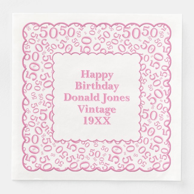 Serviette En Papier 50e anniversaire Numéro Motif pétoncles rose/blanc (Devant)