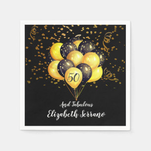 Serviette En Papier 50e Anniversaire Or Et Ballons Noirs Et Confetti