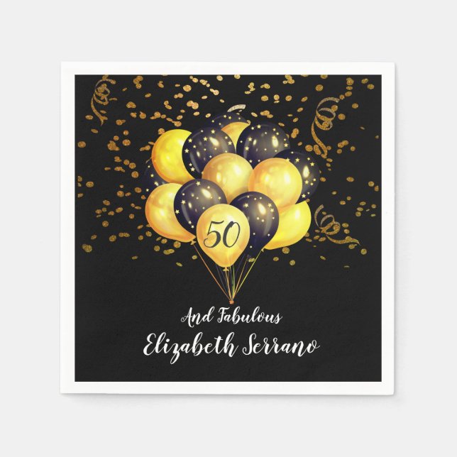 Serviette En Papier 50e Anniversaire Or Et Ballons Noirs Et Confetti (Devant)