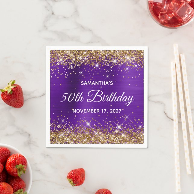 Serviette En Papier 50e anniversaire Parties scintillant d'or Purple F (En situation)