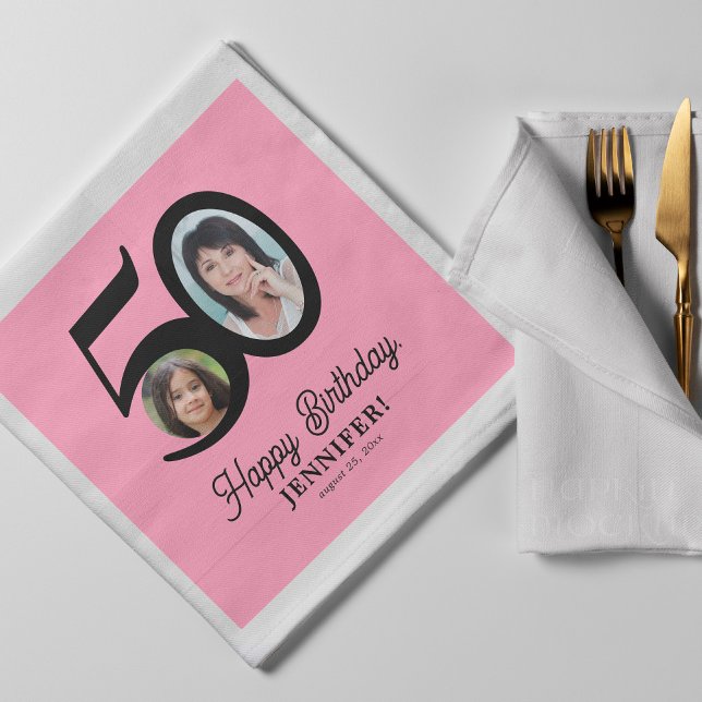 Serviette En Papier 50e anniversaire photo nom rose noir personnalisé (Créateur téléchargé)