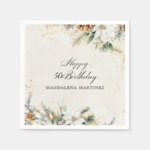 Serviette En Papier 50e fête d'anniversaire Blanc hiver Floral personn