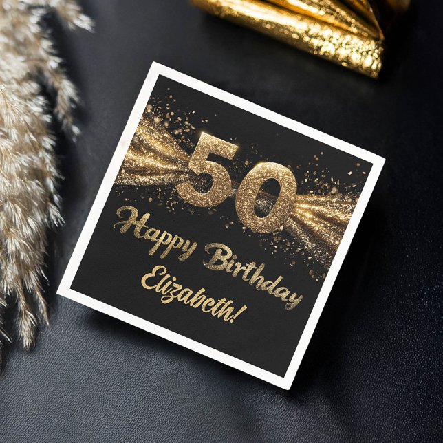 Serviette En Papier 50e fête d'anniversaire moderne Noir et Or (50th birthday napkins "Happy Birthday" in gold and black)