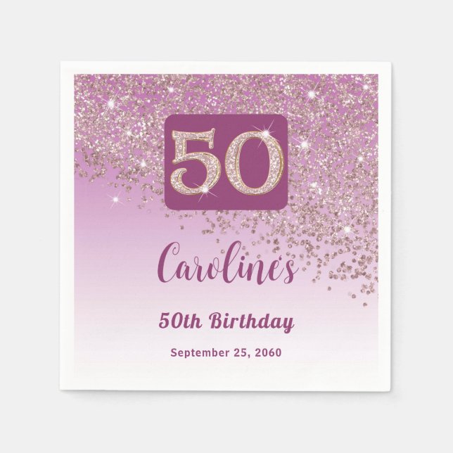 Serviette En Papier 50th Birthday Party Sparkling Rose Gold Glitter (Devant)
