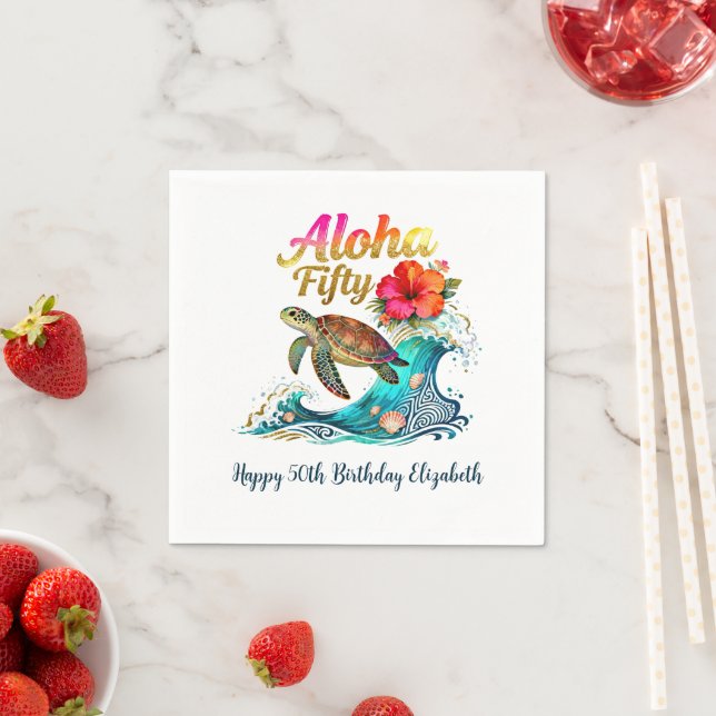 Serviette En Papier 50th Fifty Birthday Tropical Ocean Beach Theme (En situation)