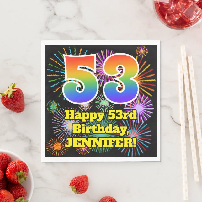 Serviette En Papier 53e anniversaire : Fun Fireworks Motif + Rainbow 5 (En situation)