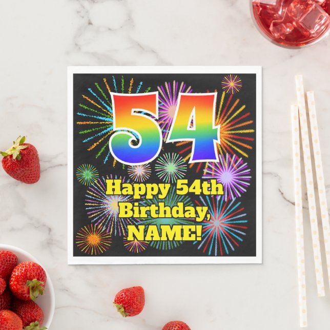 Serviette En Papier 54ème anniversaire : Fun Fireworks Motif + Rainbow (En situation)