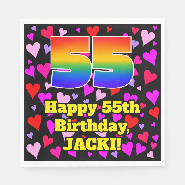 Serviette En Papier 55e anniversaire : Amour Hearts Motif, Arc-en-ciel (Devant)