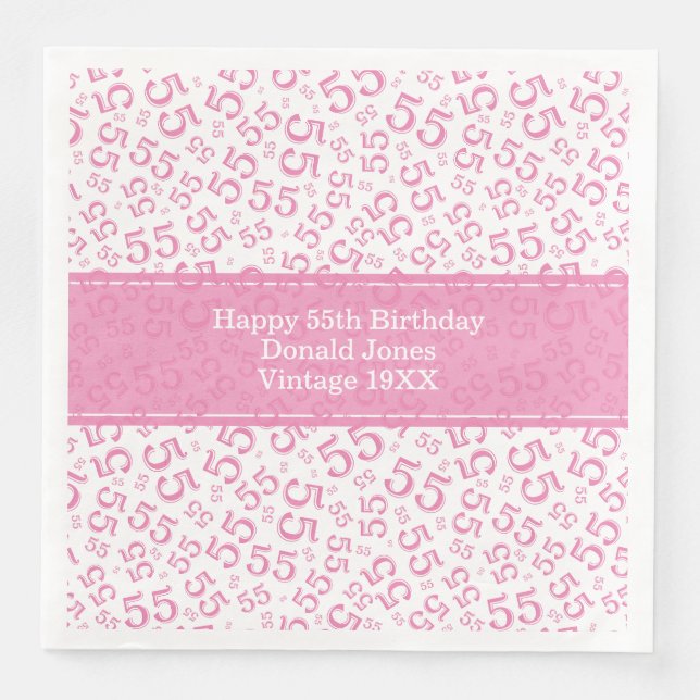 Serviette En Papier 55e anniversaire Numéro d'âge Motif rose/blanc (Devant)