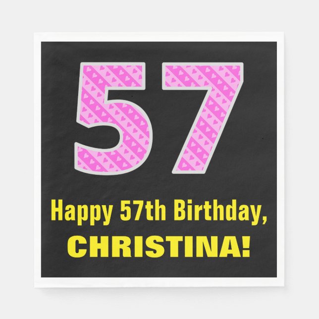 Serviette En Papier 57ème anniversaire : Pink Stripes and Hearts "57"  (Devant)