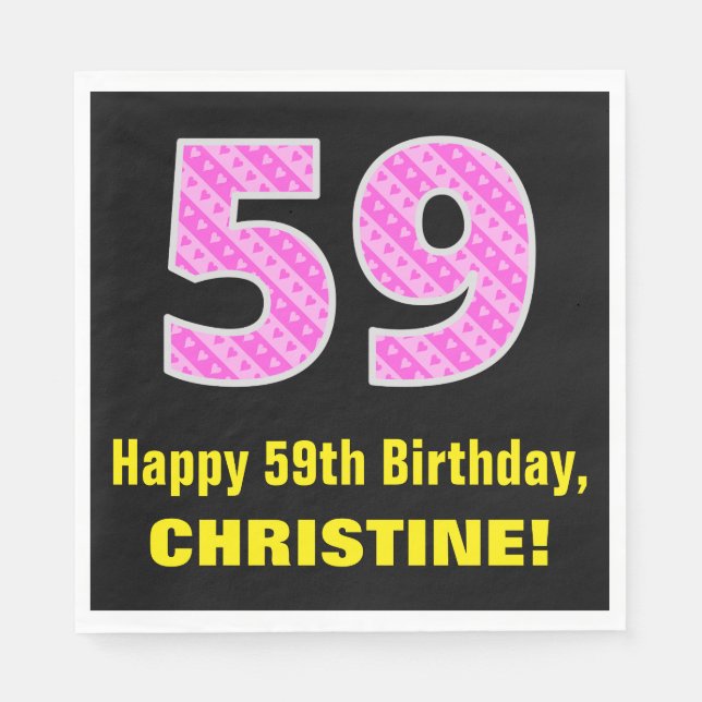 Serviette En Papier 59e anniversaire : Pink Stripes and Hearts "59" +  (Devant)