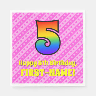 Serviette En Papier 5e anniversaire : Pink Stripes & Hearts, Rainbow #