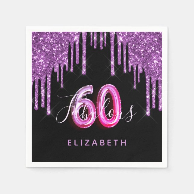 Serviette En Papier 60 Fabuleux anniversaire noir violet parties scint (Devant)