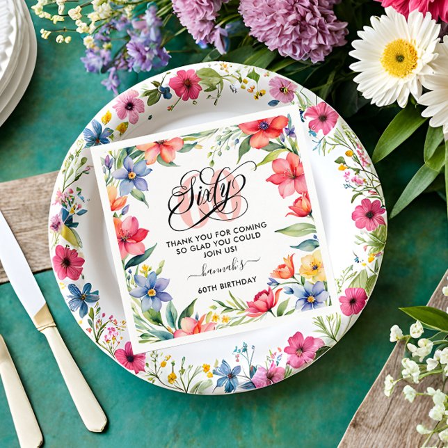 Serviette En Papier 60e anniversaire de fête aquarelle Floral (Créateur téléchargé)