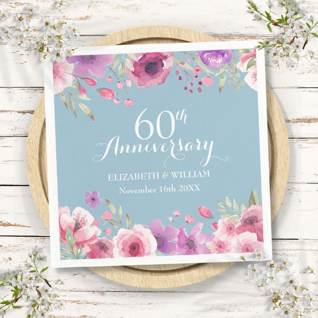 Serviette En Papier 60e anniversaire de Mariage Aquarelle Roses Floral (60th Wedding Anniversary Watercolor Roses Floral Napkins)
