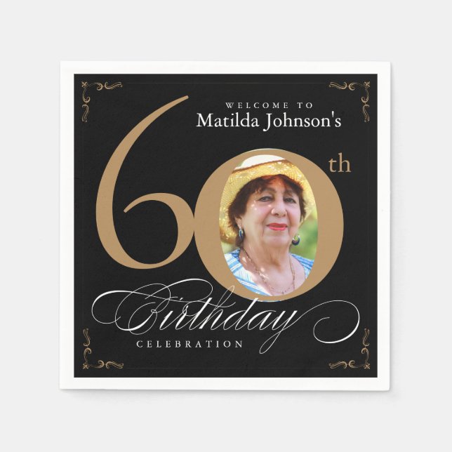 Serviette En Papier 60e anniversaire Elegant Black Gold Calligraphie (Devant)