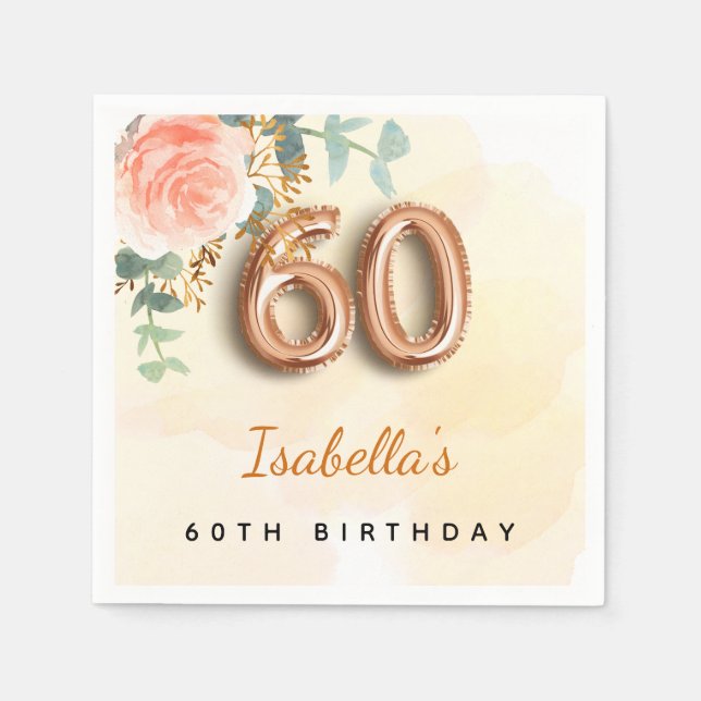 Serviette En Papier 60e anniversaire floral rose or eucalyptus monogra (Devant)