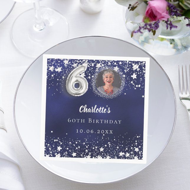 Serviette En Papier 60e anniversaire marine bleu argent étoiles photo (Créateur téléchargé)