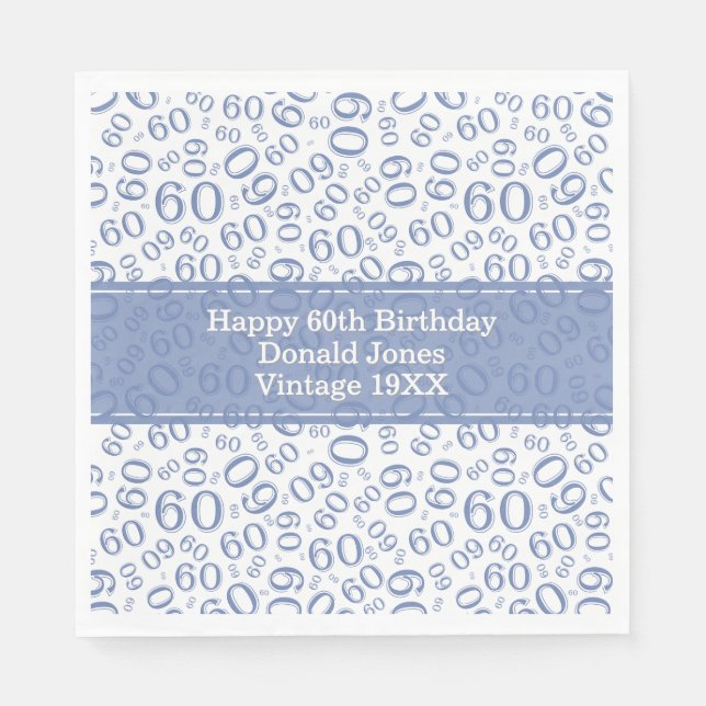 Serviette En Papier 60e anniversaire Numéro Motif Bleu et Blanc Napkin (Devant)