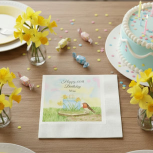 Serviette En Papier 60e Anniversaire Robin avec Gâteau au Jonquille