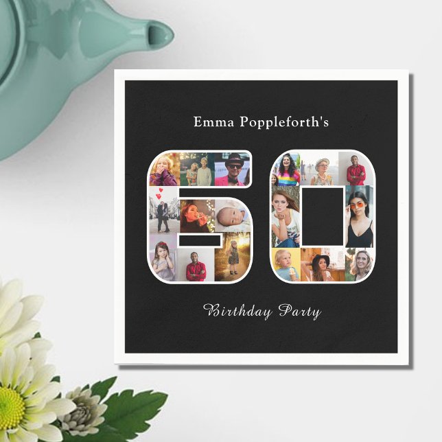 Serviette En Papier 60e anniversaire Soixante photo collage noir blanc (60th birthday party paper napkin. black with white text and photo collage template.)