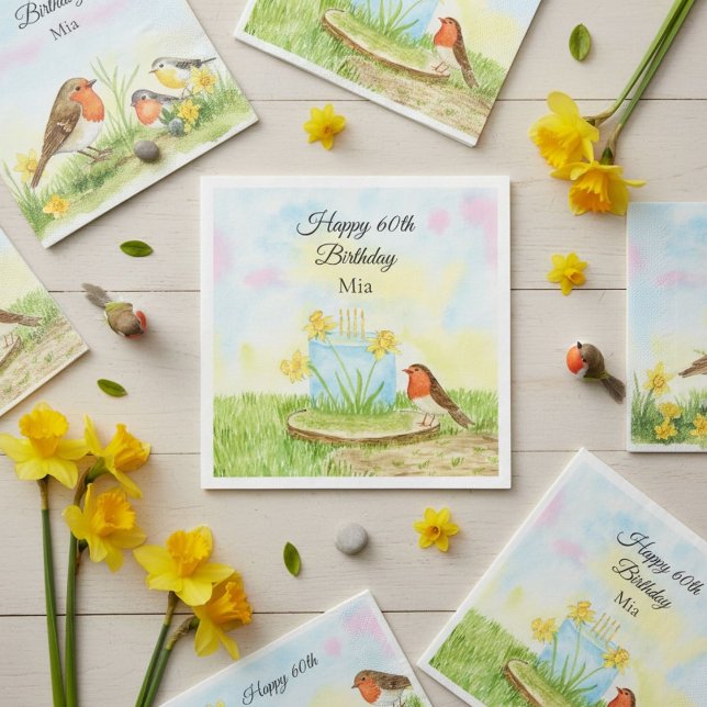 Serviette En Papier 60th Birthday Robin with Daffodil Cake (Créateur téléchargé)
