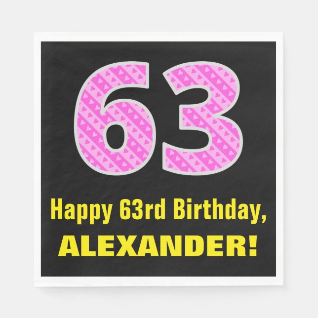 Serviette En Papier 63e anniversaire : Pink Stripes and Hearts "63" +  (Devant)