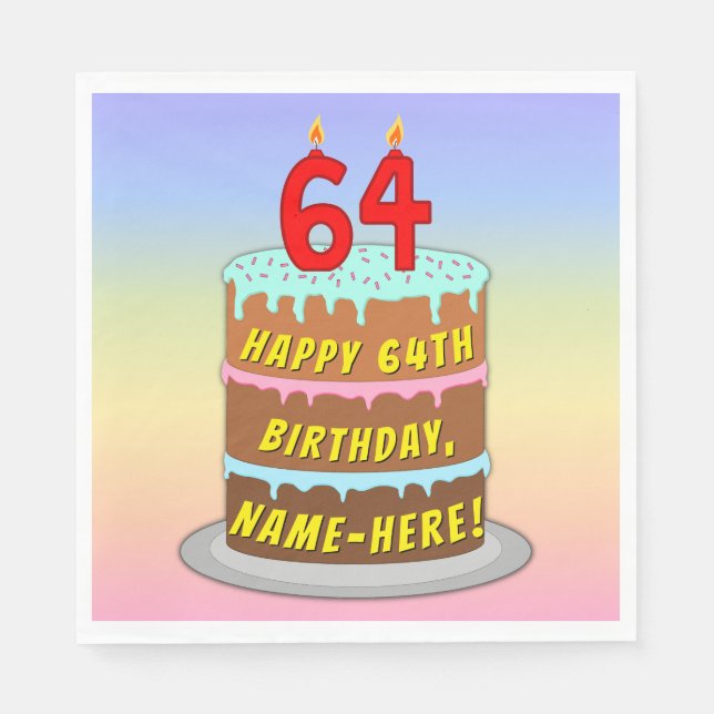 Serviette En Papier 64e anniversaire : Fun Cake and Candles + Nom pers (Devant)