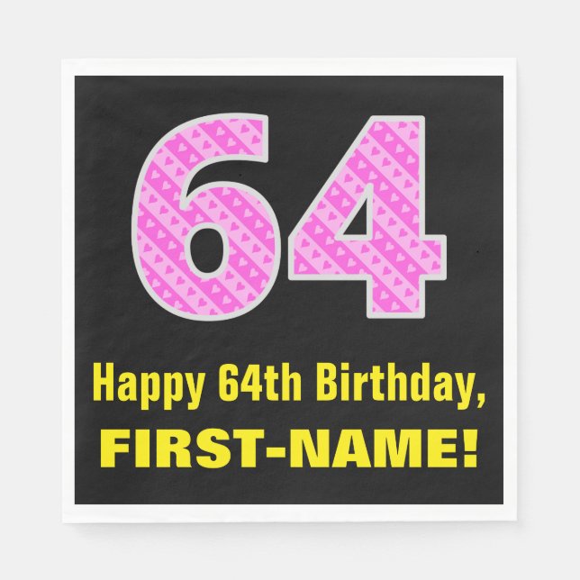 Serviette En Papier 64e anniversaire : Pink Stripes and Hearts "64" +  (Devant)