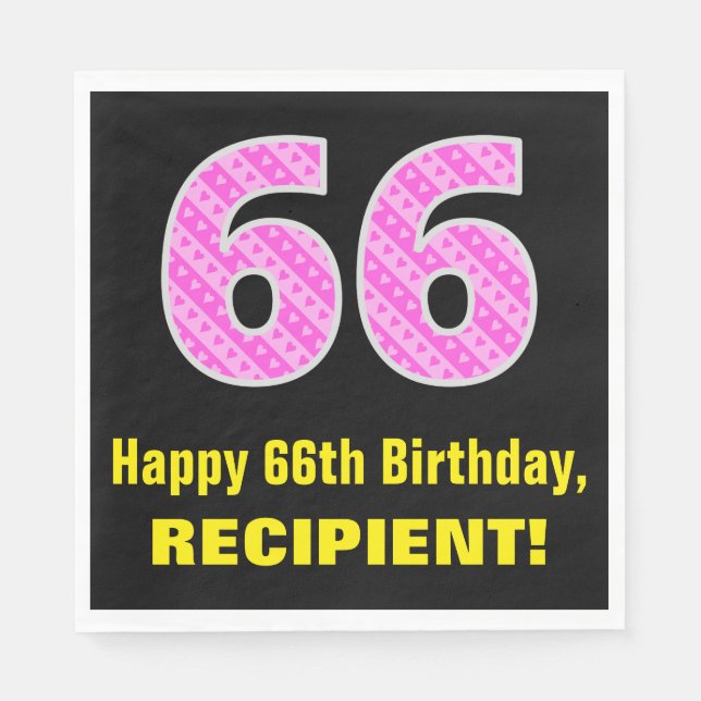 Serviette En Papier 66e anniversaire : Pink Stripes and Hearts "66" +  (Devant)
