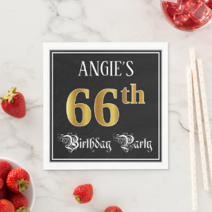 Serviette En Papier 66th Birthday Party - Fancy Script, Faux Gold Look