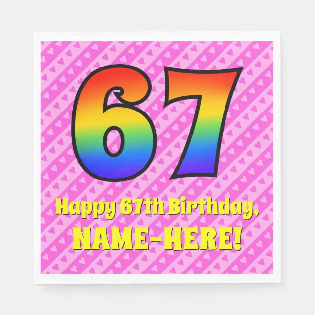 Serviette En Papier 67e anniversaire : Pink Stripes & Hearts, Arc en c (Devant)