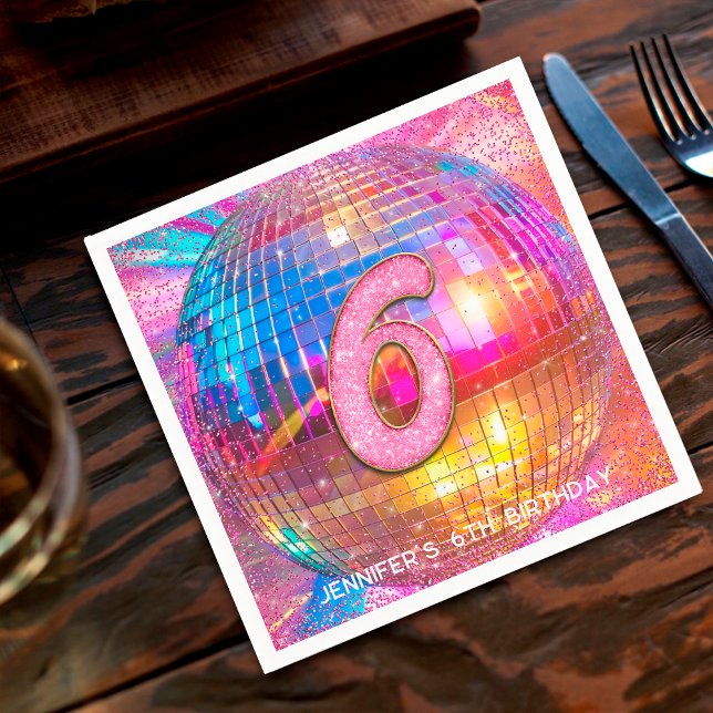 Serviette En Papier 6th Birthday Party Gold Pink Glitter Disco Ball (Créateur téléchargé)