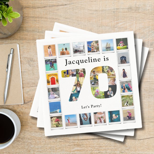 Serviette En Papier 70e anniversaire Conception de votre propre collec (Personalized 70th birthday party napkins with family photo collage template.)