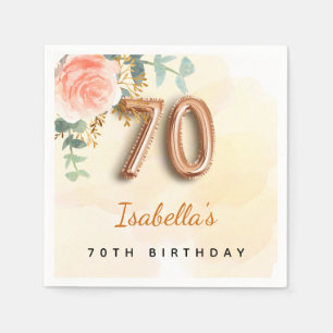 Serviette En Papier 70e anniversaire floral rose or eucalyptus monogra