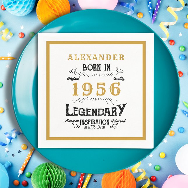 Serviette En Papier 70th Birthday Born 1956 White Gold Legend (Born 1956 napkin on a blue plate.)