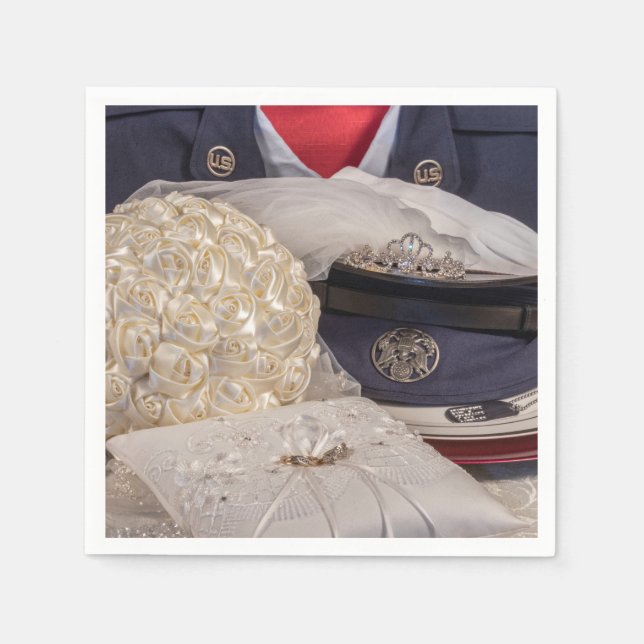 Serviette En Papier 7263-Mariage militaire avec bouquet et anneaux (Devant)