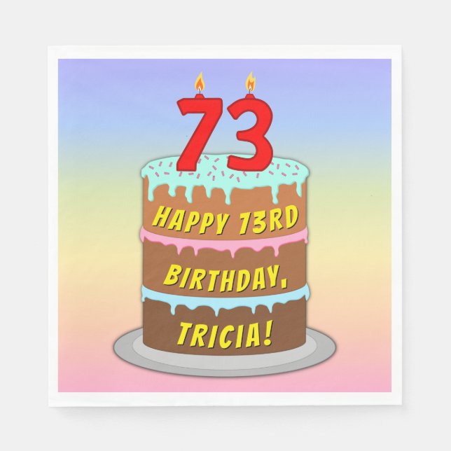Serviette En Papier 73e anniversaire : Fun Cake and Candles + Nom pers (Devant)