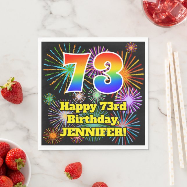 Serviette En Papier 73e anniversaire : Fun Fireworks Motif + Rainbow 7 (En situation)
